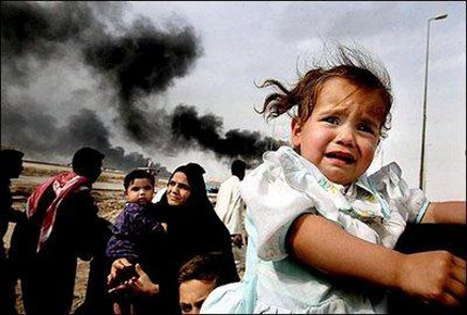 A frightened young Iraqi girl in the early days U.S. bombing in 2003.
